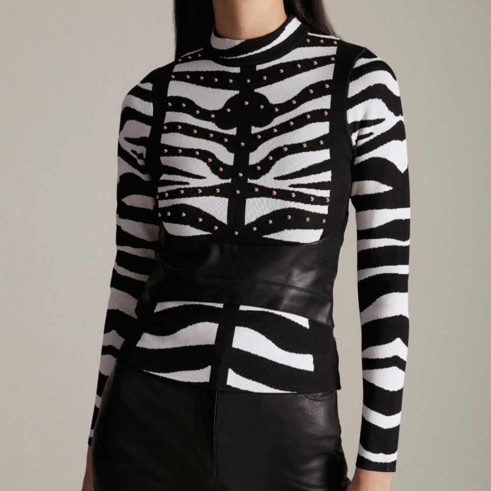 Karen Millen Zebra Jacquard Studded PU Mix Knit Top XS New with Tags